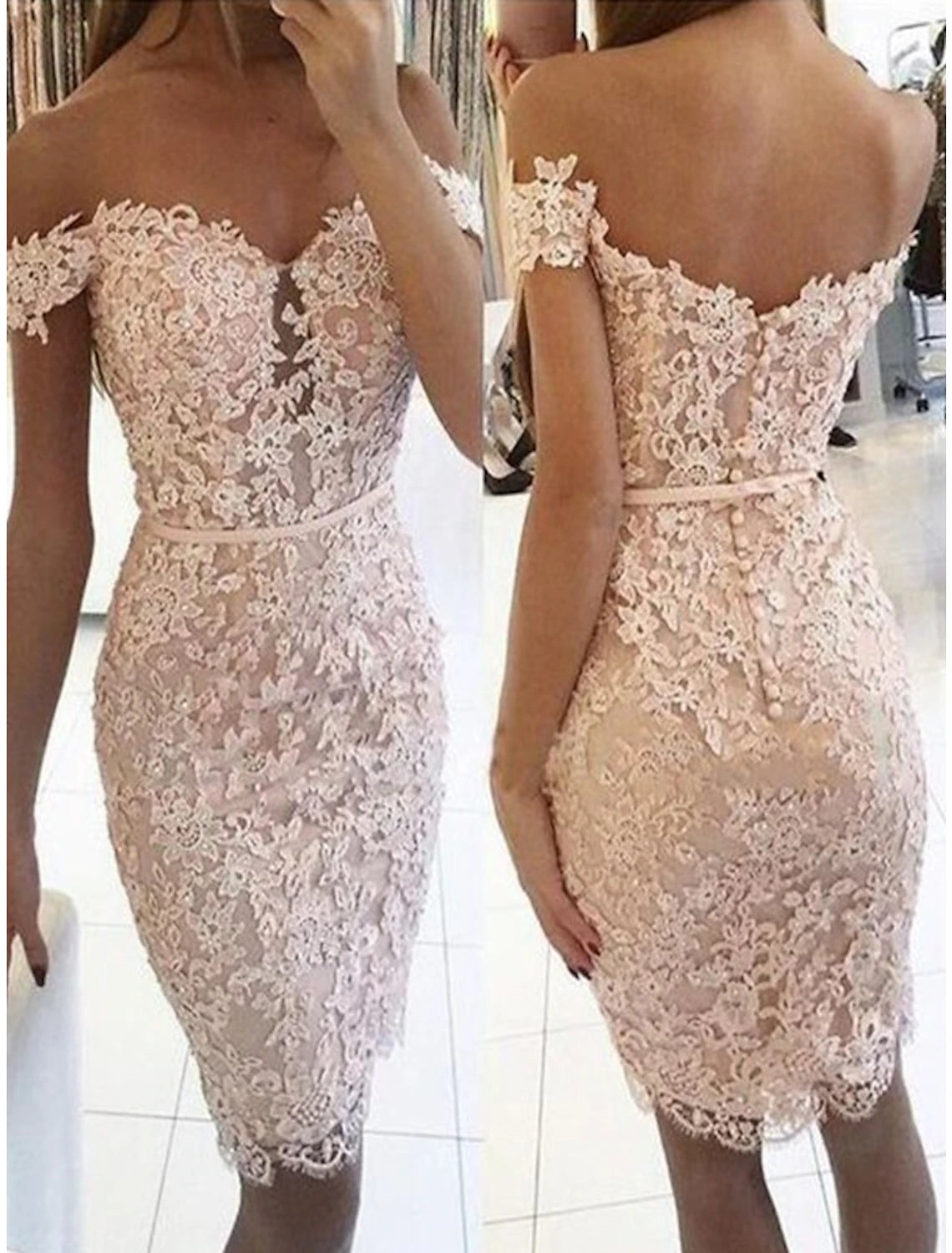 Wholesale Mermaid / Trumpet Cocktail Dresses Party Dress Homecoming Cocktail Party Short / Mini Sleeveless Off Shoulder Lace with Appliques